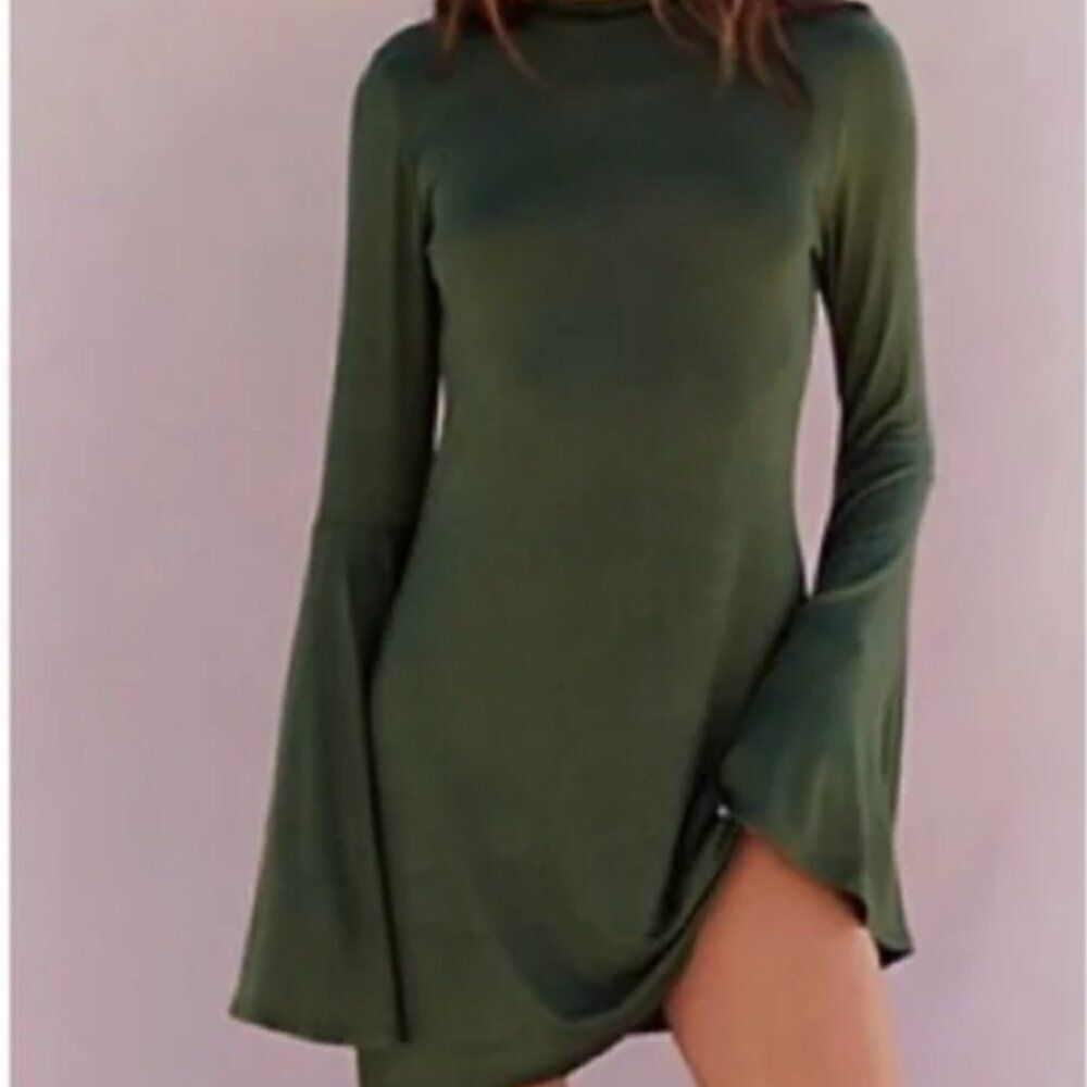 Free People Beach Dare to Dance Mini Dress XS Olive Green Bell Sleeve Boho